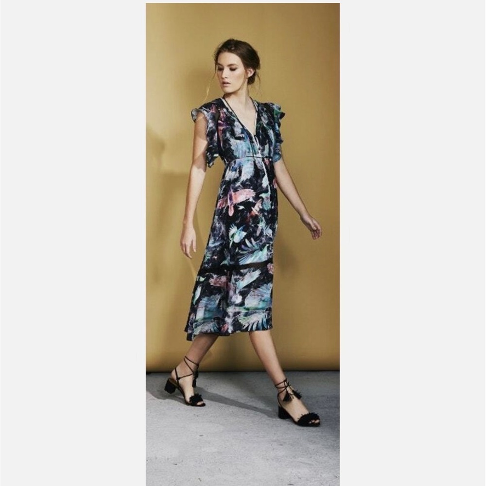 Hunter Bell New York Harrison Midi Dress Black Multi V-Neck Hummingbird Ruffle